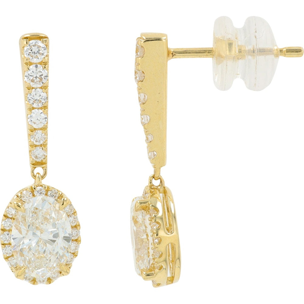 14K Yellow Gold Drop Earrings with Oval Halo and Round Diamond Bar Accents - 1.50 Carat Total Lab Grown Diamond Weight