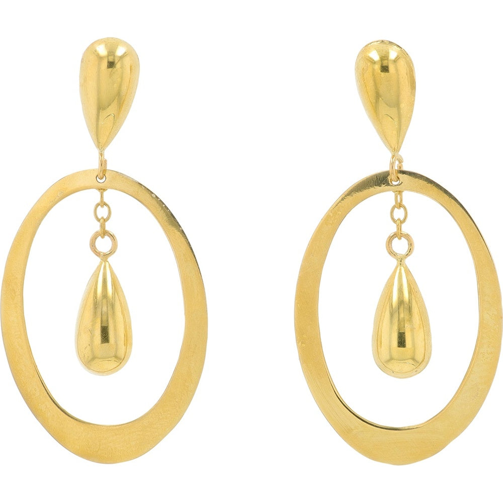 14K Yellow Gold Drop Earrings with Oval Hoop and Dangling Teardrop Pendant