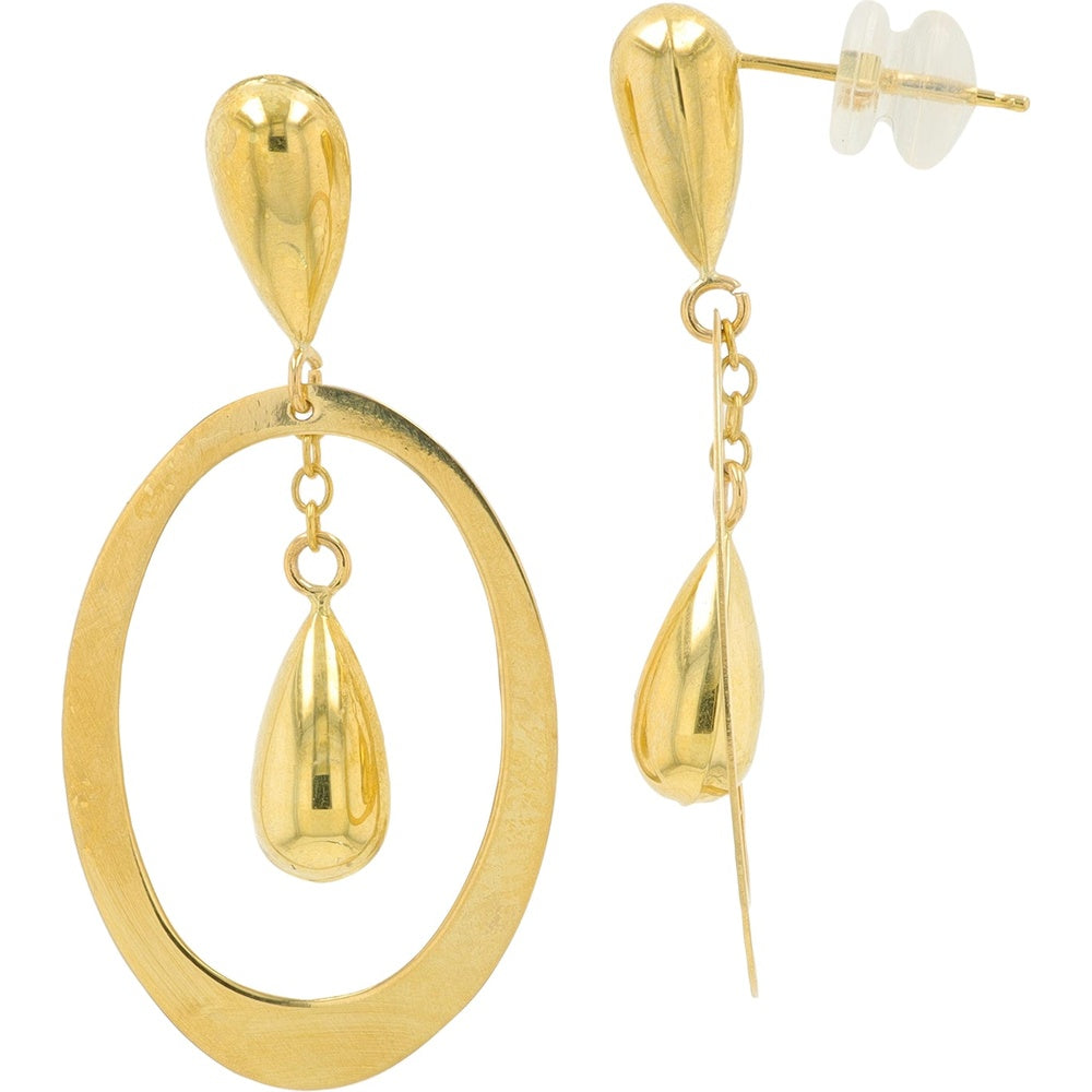14K Yellow Gold Drop Earrings with Oval Hoop and Dangling Teardrop Pendant