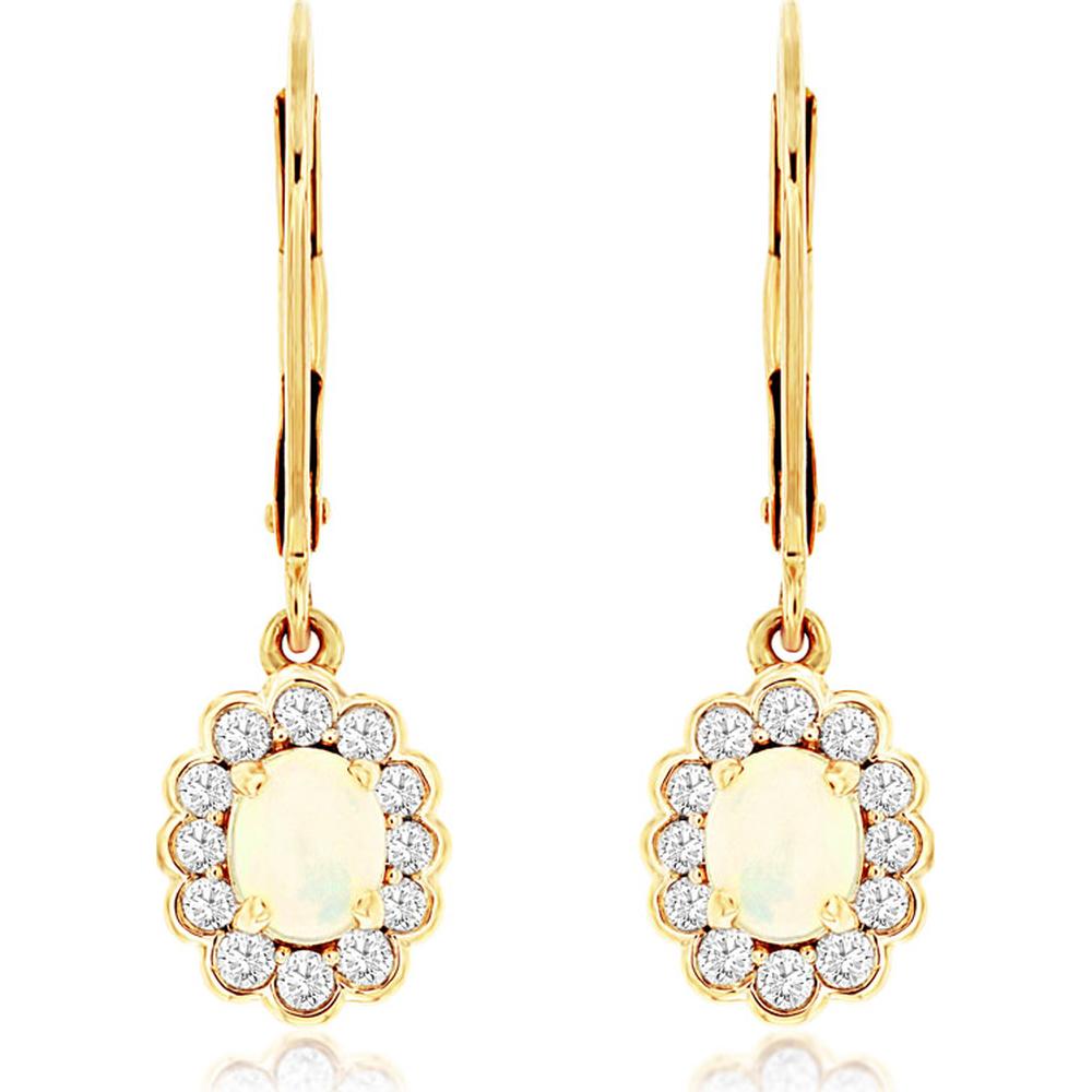 14K Yellow Gold Drop Earrings with Oval Opals and Diamond Halo - 0.40 Carat Total Opal Weight, 0.33 Carat Total Diamond Weight - Royal Jewelry