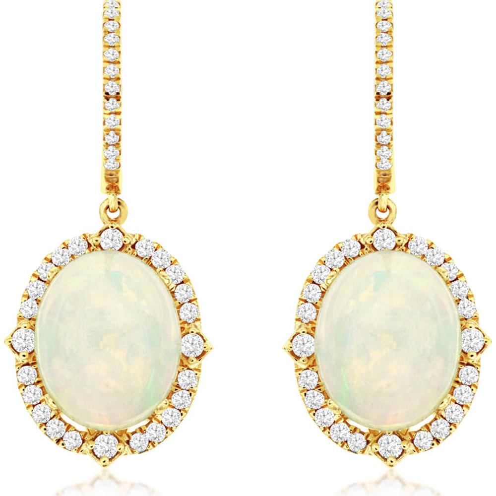 14K Yellow Gold Drop Earrings with Oval Opals and Diamond Halo Accents - 6.00 Carat Total Opal Weight, 0.70 Carat Total Diamond Weight - Royal Jewelry