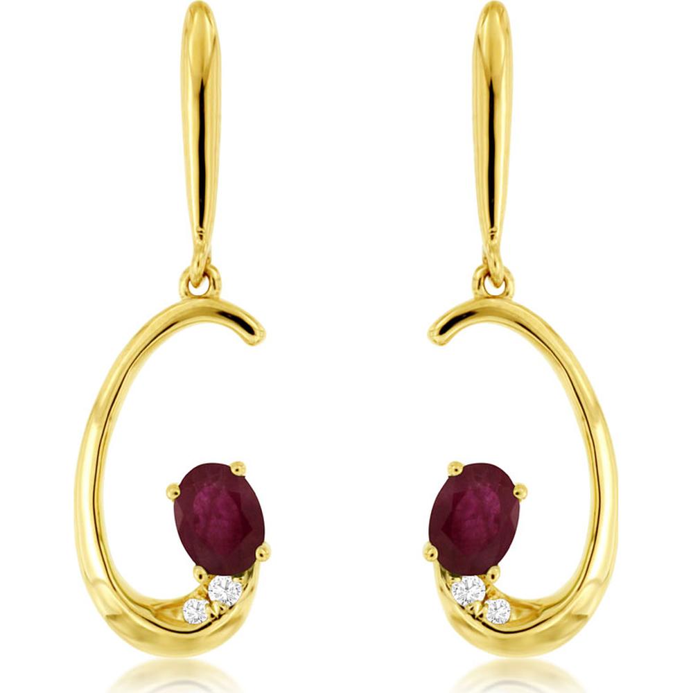 14K Yellow Gold Drop Earrings with Oval Rubies and Diamond Accents - 0.40 Carat Total Ruby Weight, 0.03 Carat Total Diamond Weight - Royal Jewelry