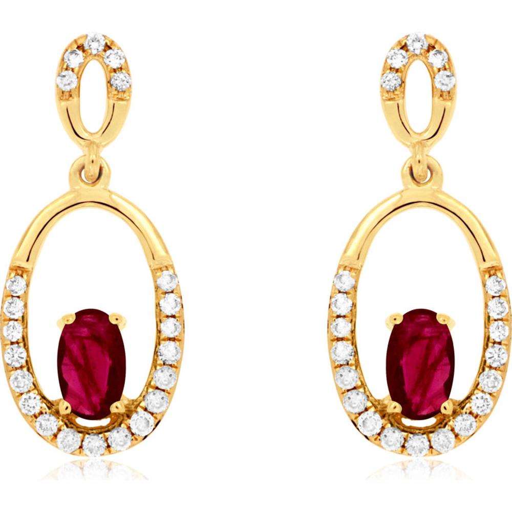 14K Yellow Gold Drop Earrings with Oval Rubies and Diamond Accents - 0.45 Carat Total Ruby Weight, 0.20 Carat Total Diamond Weight - Royal Jewelry