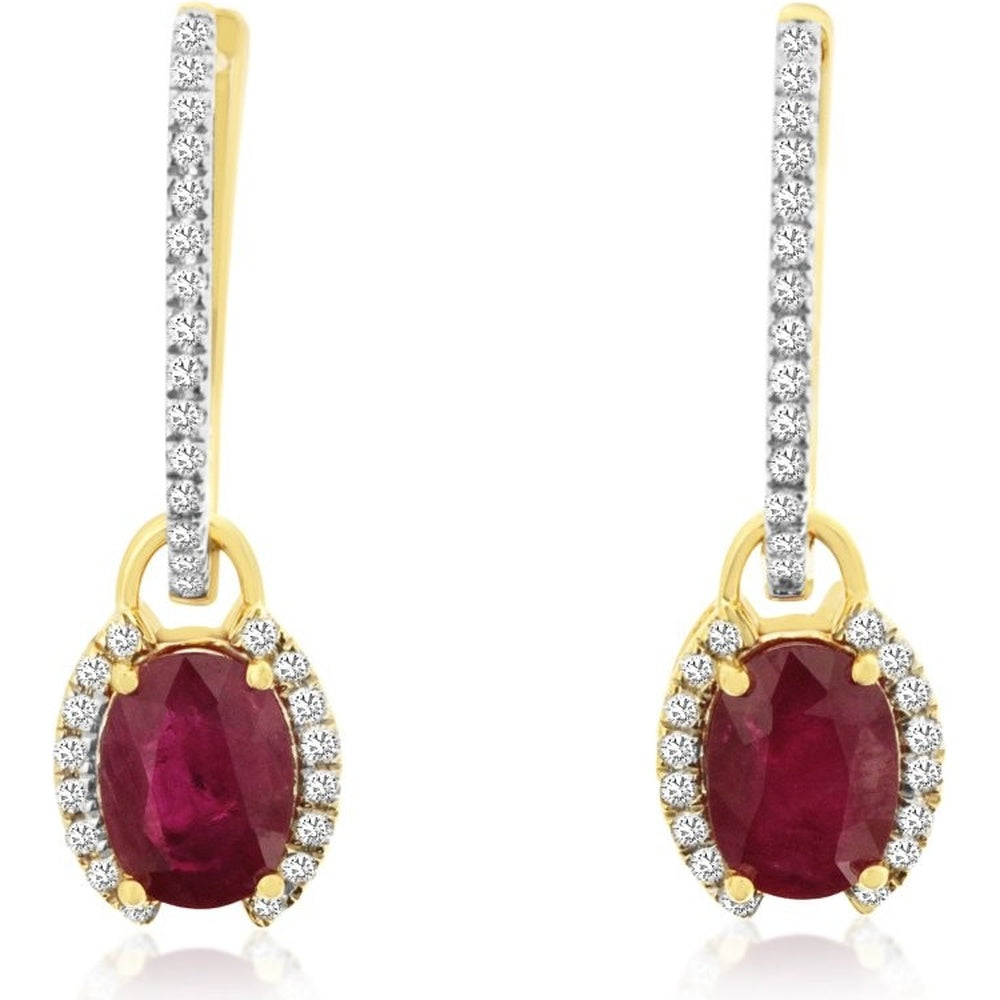 14K Yellow Gold Drop Earrings with Oval Rubies and Diamond Halos - 1.80 Carat Total Ruby Weight and 0.25 Carat Total Diamond Weight - Royal Jewelry