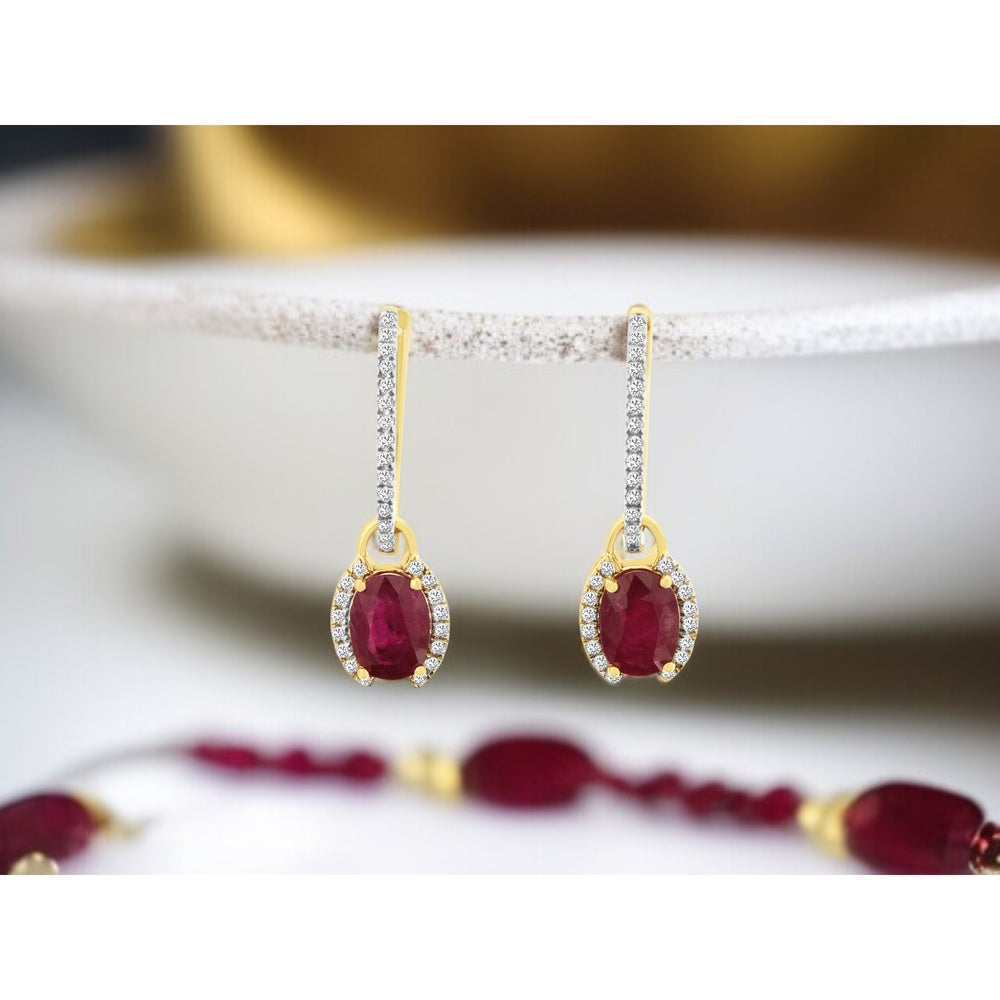 14K Yellow Gold Drop Earrings with Oval Rubies and Diamond Halos - 1.80 Carat Total Ruby Weight and 0.25 Carat Total Diamond Weight - Royal Jewelry
