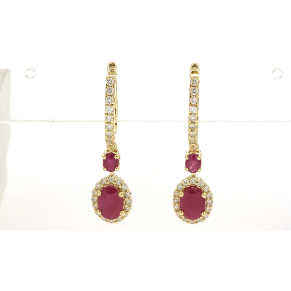 14K Yellow Gold Drop Earrings with Oval Ruby & Diamond Halo - 2.40 Carat Total Ruby Weight & 0.60 Carat Total Diamond Weight - Royal Jewelry