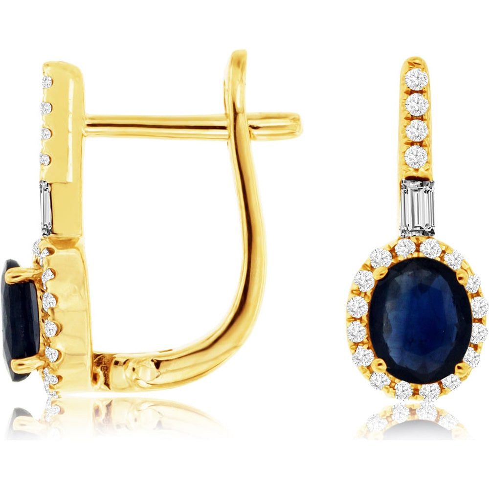 14K Yellow Gold Drop Earrings with Oval Sapphire and Diamond Halo - 0.88 Carat Total Sapphire Weight and 0.20 Carat Total Diamond Weight - Royal Jewelry