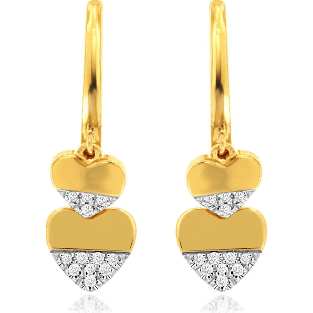 14K Yellow Gold Drop Earrings with Pave Diamond Heart Design - 0.07 Carats Total Diamond Weight