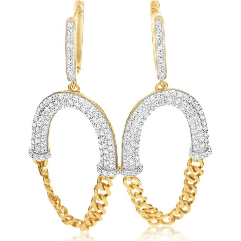 14K Yellow Gold Drop Earrings with Pavé-Set Diamond Arch and Curb Chain - 1.38 Carat Total Diamond Weight - Royal Jewelry