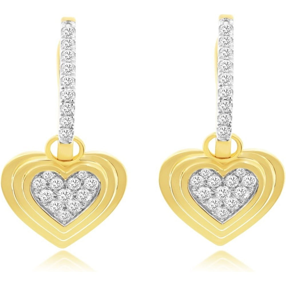 14K Yellow Gold Drop Earrings with Pavé-Set Round Diamonds and Tiered Heart Motif - 0.36 Carat Total Diamond Weight - Royal Jewelry