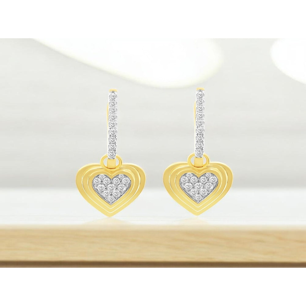 14K Yellow Gold Drop Earrings with Pavé-Set Round Diamonds and Tiered Heart Motif - 0.36 Carat Total Diamond Weight - Royal Jewelry