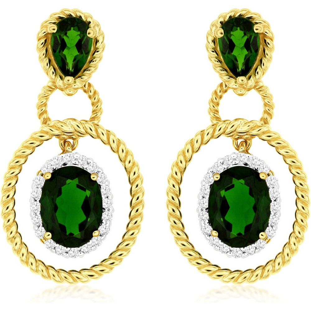 14K Yellow Gold Drop Earrings with Pear and Oval Russalite Gemstones and Diamond Halo - 3.50 Carat Total Russalite Weight and 0.26 Carat Total Diamond Weight - Royal Jewelry