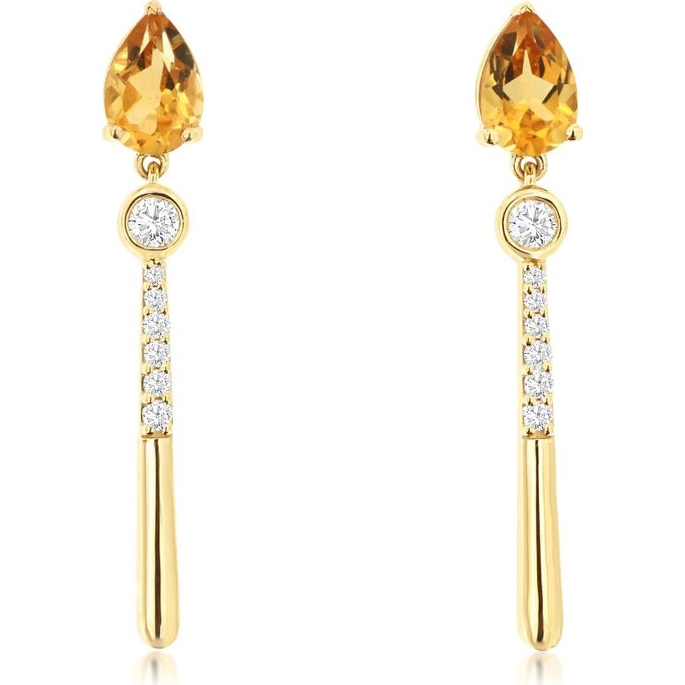 14K Yellow Gold Drop Earrings with Pear Shape Citrines and Round Diamond Accents - 0.80 Carat Total Citrine Weight - Royal Jewelry
