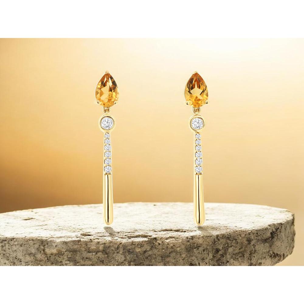 14K Yellow Gold Drop Earrings with Pear Shape Citrines and Round Diamond Accents - 0.80 Carat Total Citrine Weight - Royal Jewelry