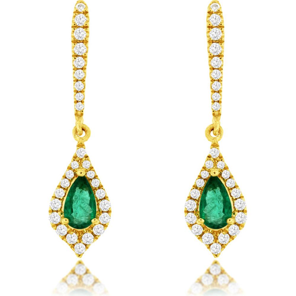 14K Yellow Gold Drop Earrings with Pear-Shaped Emeralds and Diamonds - 0.70 Carats Total Gem Weight