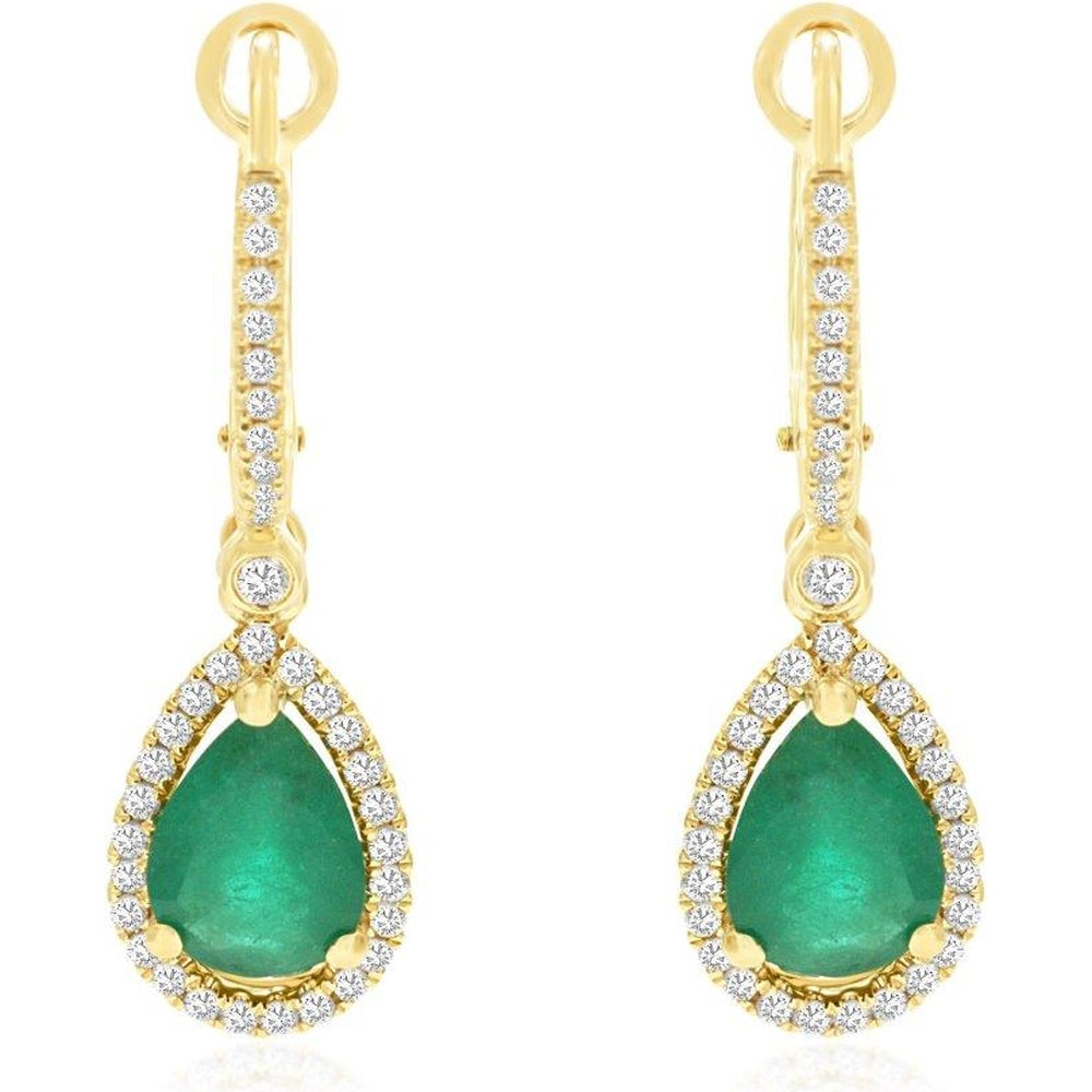 14K Yellow Gold Drop Earrings with Pear-Shaped Emeralds and Pavé Diamond Halos - 2.2 Carat Total Emerald Weight and 0.42 Carat Total Diamond Weight - Royal Jewelry
