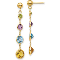 14K Yellow Gold Drop Earrings with Peridot, Amethyst, Blue Topaz, and Citrine - 1.5 Carat Total Gemstone Weight by Monteluci Fine Jewelry