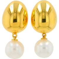 14K Yellow Gold Drop Earrings with Polished Gold Orbs and 8mm White Pearl Dangles