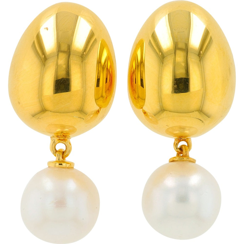 14K Yellow Gold Drop Earrings with Polished Gold Orbs and 8mm White Pearl Dangles