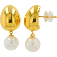 14K Yellow Gold Drop Earrings with Polished Gold Orbs and 8mm White Pearl Dangles