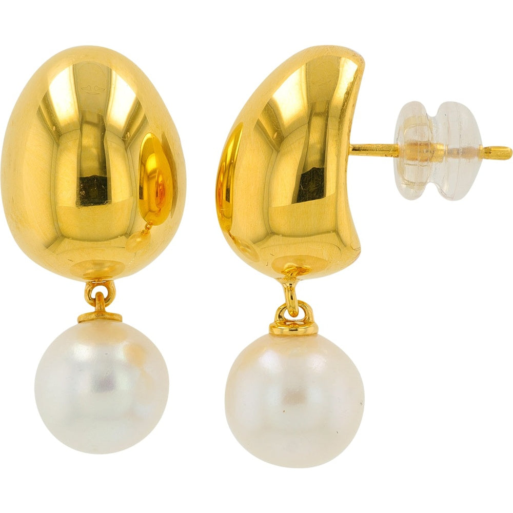 14K Yellow Gold Drop Earrings with Polished Gold Orbs and 8mm White Pearl Dangles