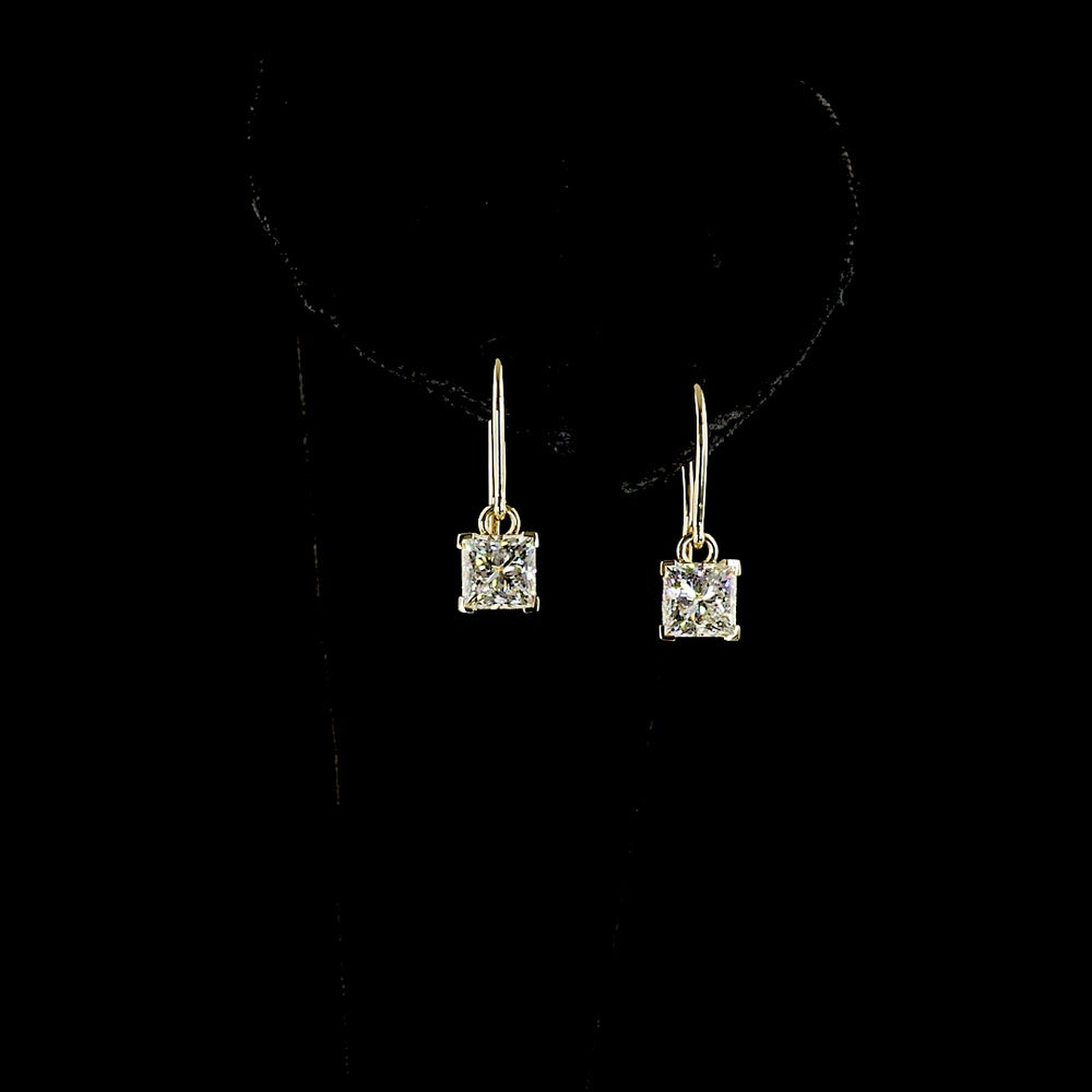 14K Yellow Gold Drop Earrings with Princess Cut Lab Diamonds - 2.06 Carat Total Weight, E-F Color VVS2 Clarity - Covaloro Fine Jewelry