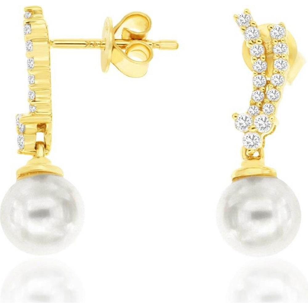 14K Yellow Gold Drop Earrings with Prong-Set Round Diamonds and Lustrous White Pearls - 0.29 Carat Total Diamond Weight - Royal Jewelry