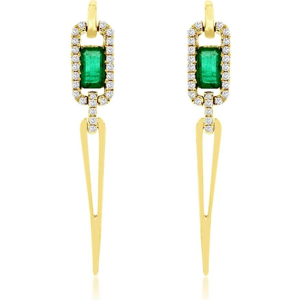 14K Yellow Gold Drop Earrings with Rectangular Emerald and Halo Round Diamonds - 0.55 Carat Total Emerald Weight and 0.19 Carat Total Diamond Weight - Royal Jewelry