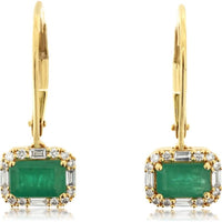 14K Yellow Gold Drop Earrings with Rectangular Emeralds and Round & Baguette Diamonds - 1.00 Carat Total Emerald Weight and 0.25 Carat Total Diamond Weight - Royal Jewelry