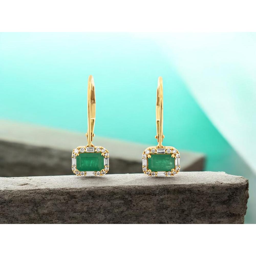 14K Yellow Gold Drop Earrings with Rectangular Emeralds and Round & Baguette Diamonds - 1.00 Carat Total Emerald Weight and 0.25 Carat Total Diamond Weight - Royal Jewelry
