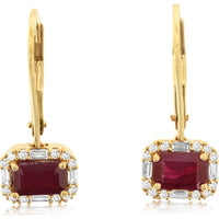 14K Yellow Gold Drop Earrings with Rectangular Rubies and Round & Baguette Diamond Halo - 0.25 Carat Ruby and 1.10 Carat Total Diamond Weight - Royal Jewelry