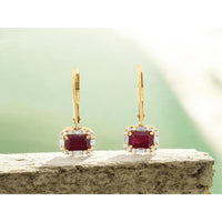 14K Yellow Gold Drop Earrings with Rectangular Rubies and Round & Baguette Diamond Halo - 0.25 Carat Ruby and 1.10 Carat Total Diamond Weight - Royal Jewelry