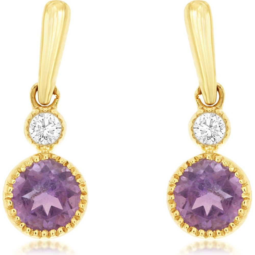 14K Yellow Gold Drop Earrings with Round Amethyst and Diamond Accents - 0.25 Carat Total Amethyst Weight and 0.03 Carat Total Diamond Weight - Royal Jewelry