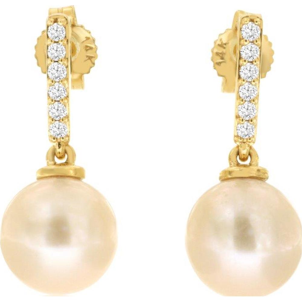 14K Yellow Gold Drop Earrings with Round Cut Diamond Accents and Champagne-Tone Pearls - 0.10 Carat Total Diamond Weight - Royal Jewelry