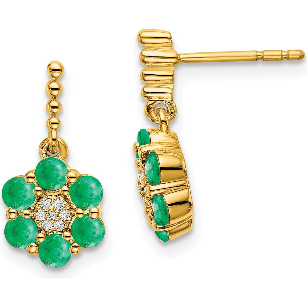 14K Yellow Gold Drop Earrings with Round Emeralds and Diamonds - 0.052 Carat Emerald Weight, 0.003 Carat Diamond Weight by Monteluci Fine Jewelry
