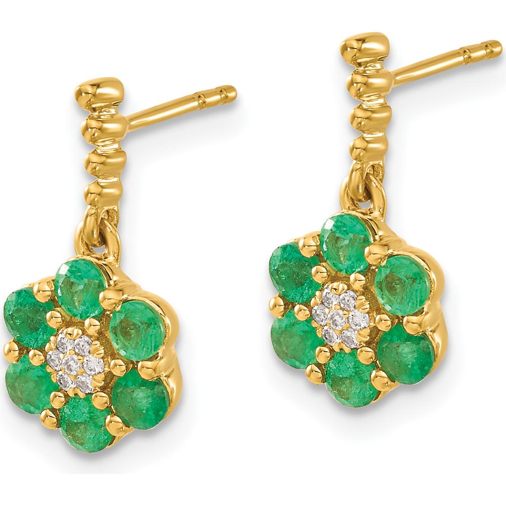 14K Yellow Gold Drop Earrings with Round Emeralds and Diamonds - 0.052 Carat Emerald Weight, 0.003 Carat Diamond Weight by Monteluci Fine Jewelry