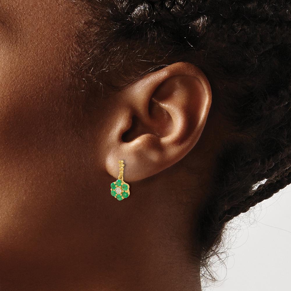 14K Yellow Gold Drop Earrings with Round Emeralds and Diamonds - 0.052 Carat Emerald Weight, 0.003 Carat Diamond Weight by Monteluci Fine Jewelry
