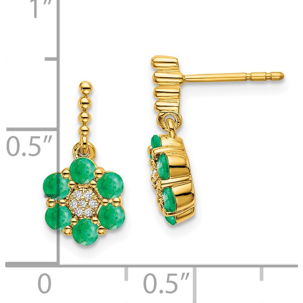 14K Yellow Gold Drop Earrings with Round Emeralds and Diamonds - 0.052 Carat Emerald Weight, 0.003 Carat Diamond Weight by Monteluci Fine Jewelry
