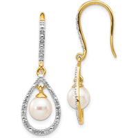 14K Yellow Gold Drop Earrings with Round Freshwater Pearls and Diamond Accents - 0.02 Carat Total Diamond Weight by Monteluci Fine Jewelry