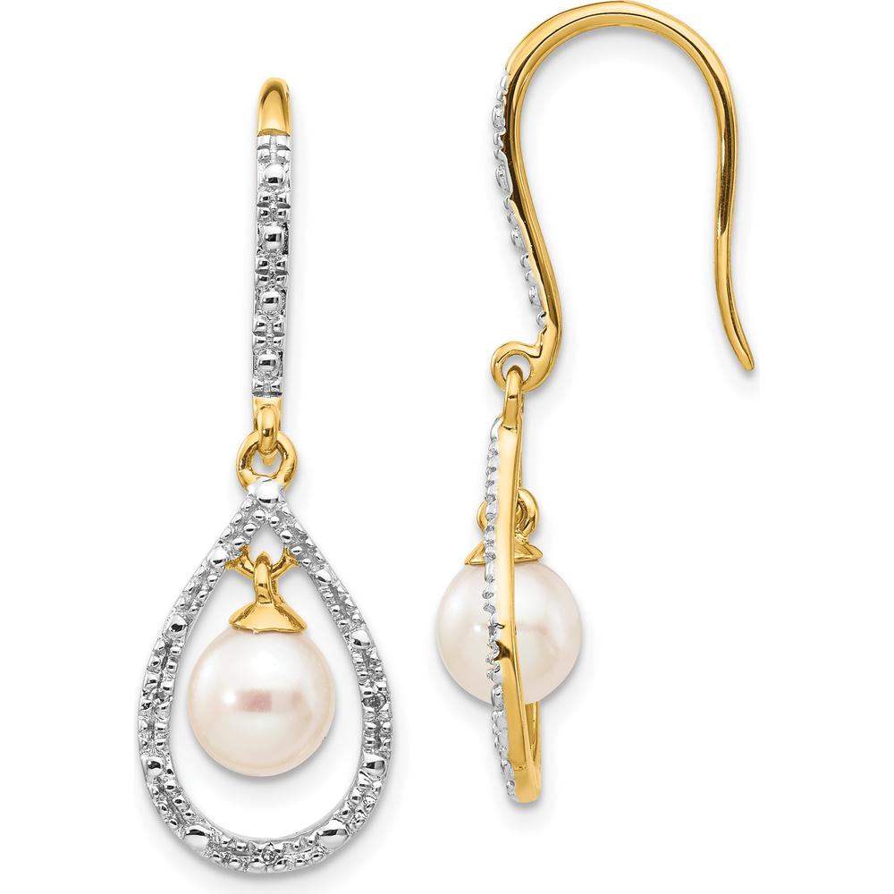 14K Yellow Gold Drop Earrings with Round Freshwater Pearls and Diamond Accents - 0.02 Carat Total Diamond Weight by Monteluci Fine Jewelry