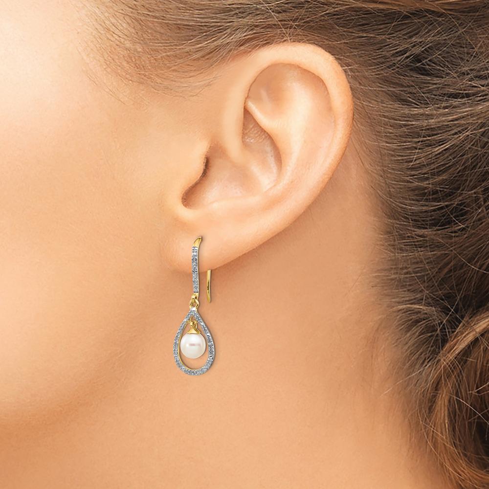 14K Yellow Gold Drop Earrings with Round Freshwater Pearls and Diamond Accents - 0.02 Carat Total Diamond Weight by Monteluci Fine Jewelry