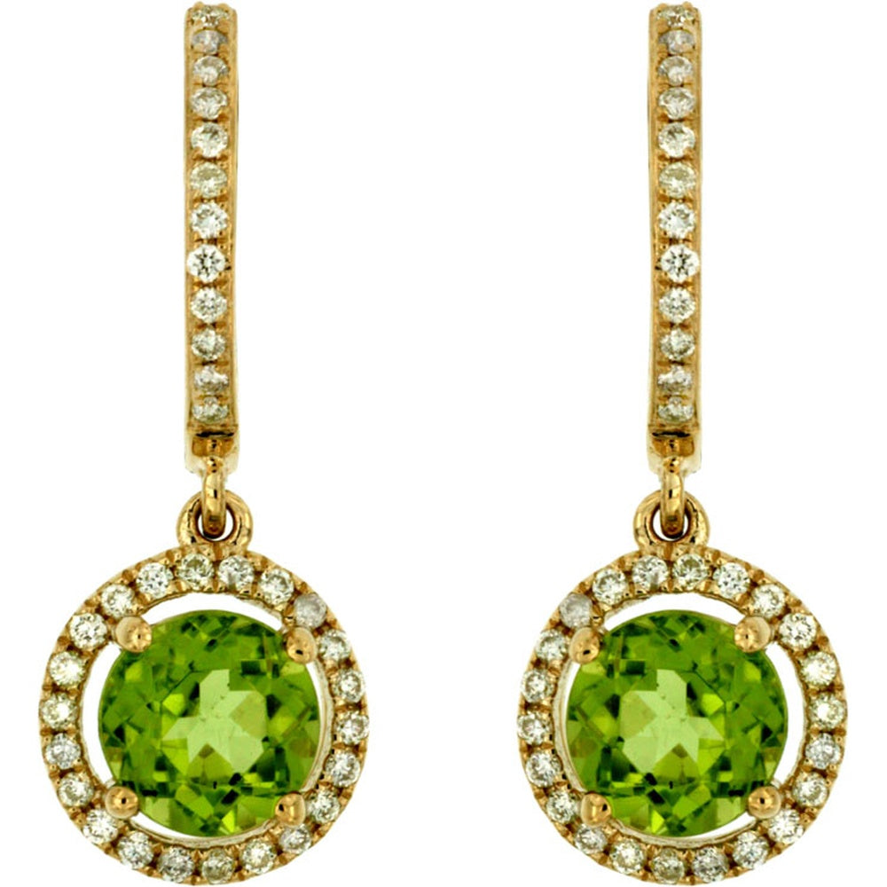 14K Yellow Gold Drop Earrings with Round Peridot and Pavé Diamond Halo - 1.85 Carat Total Peridot Weight and 0.26 Carat Total Diamond Weight - Royal Jewelry