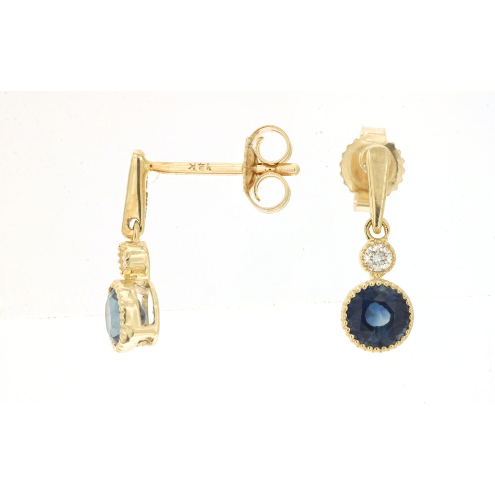 14K Yellow Gold Drop Earrings with Round Sapphires and Milgrain Detail - 0.65 Carat Total Sapphire Weight and 0.06 Carat Total Diamond Weight - Royal Jewelry
