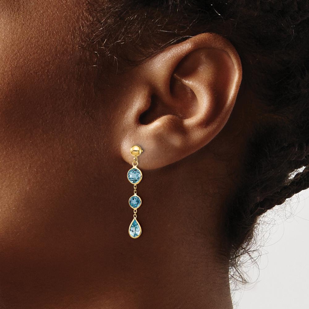 14K Yellow Gold Drop Earrings with Swiss Blue Topaz Pear and Round Stones - 1.75 Carat Total Blue Topaz Weight by Monteluci Fine Jewelry