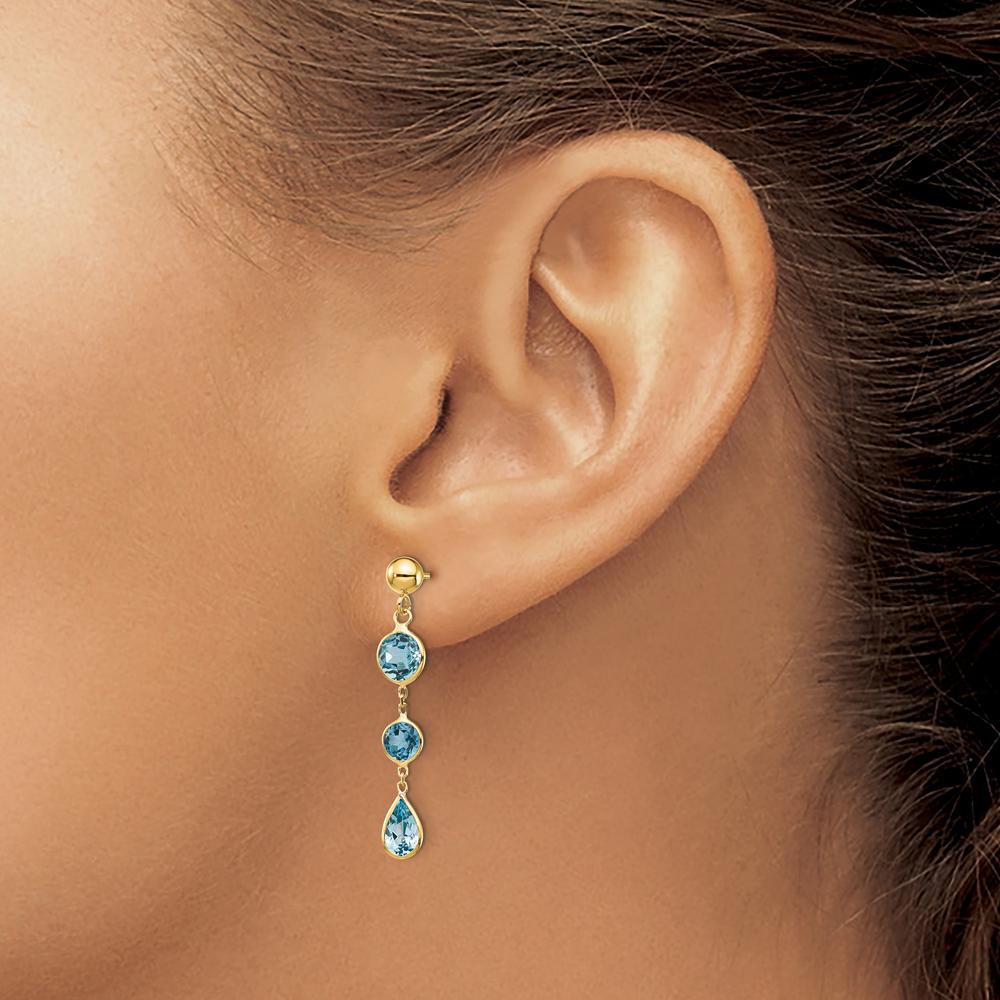 14K Yellow Gold Drop Earrings with Swiss Blue Topaz Pear and Round Stones - 1.75 Carat Total Blue Topaz Weight by Monteluci Fine Jewelry