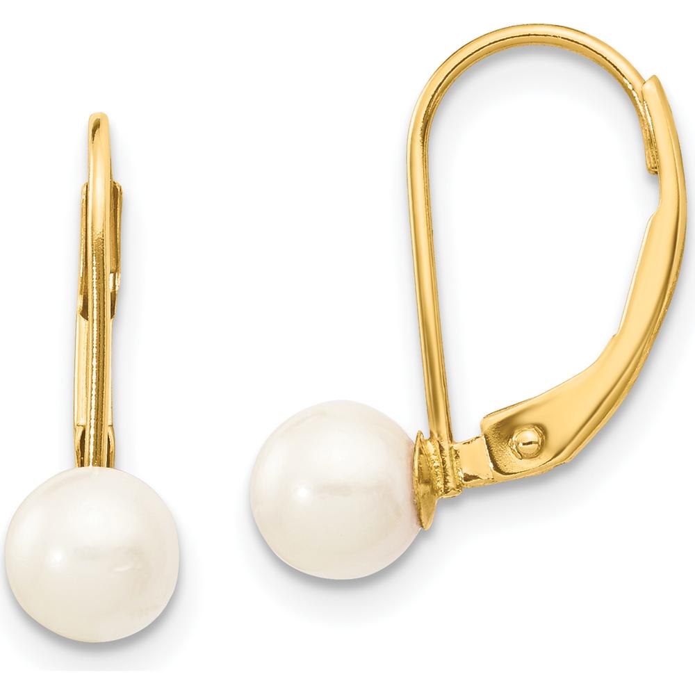 14K Yellow Gold Drop Leverback Earrings with Round Akoya Cultured Pearls - 5-6mm Pearl Size by Monteluci Fine Jewelry