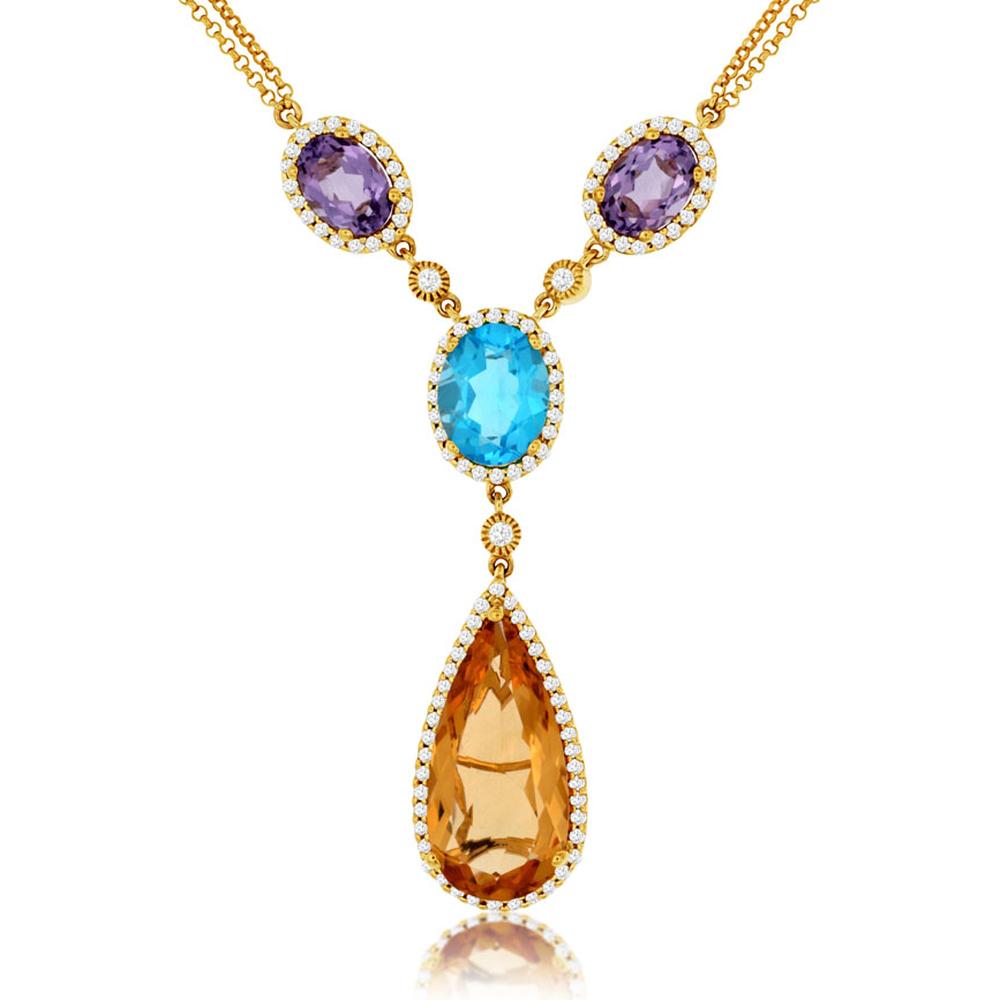 14K Yellow Gold Drop Necklace with Oval Purple and Blue Semi-Precious Gemstones, Pear-Shaped Golden Citrine, and Diamond Halos - 0.80 Carat Purple Gem Weight and 8.40 Carat Golden Citrine Weight - Royal Jewelry