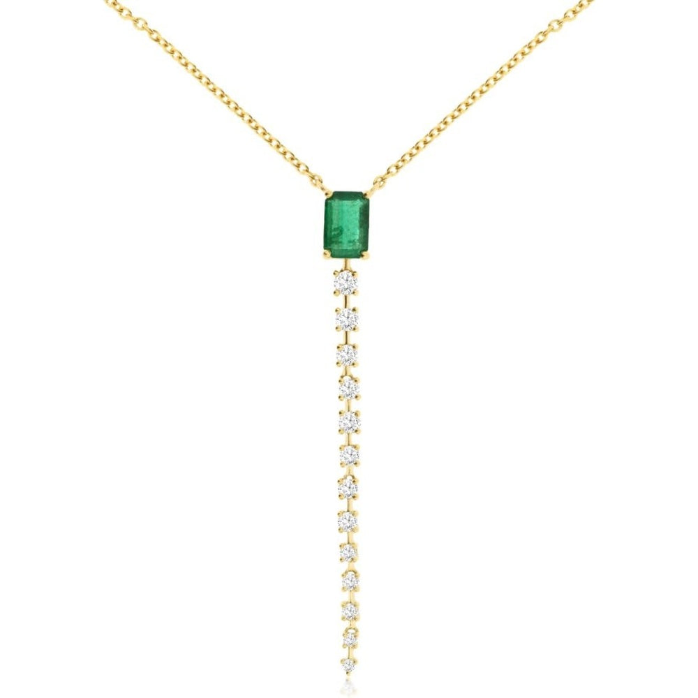 14K Yellow Gold Drop Necklace with Rectangular Emerald and Round Diamond Accents - 0.55 Carat Emerald and 0.27 Carat Diamond Total Weight - Royal Jewelry