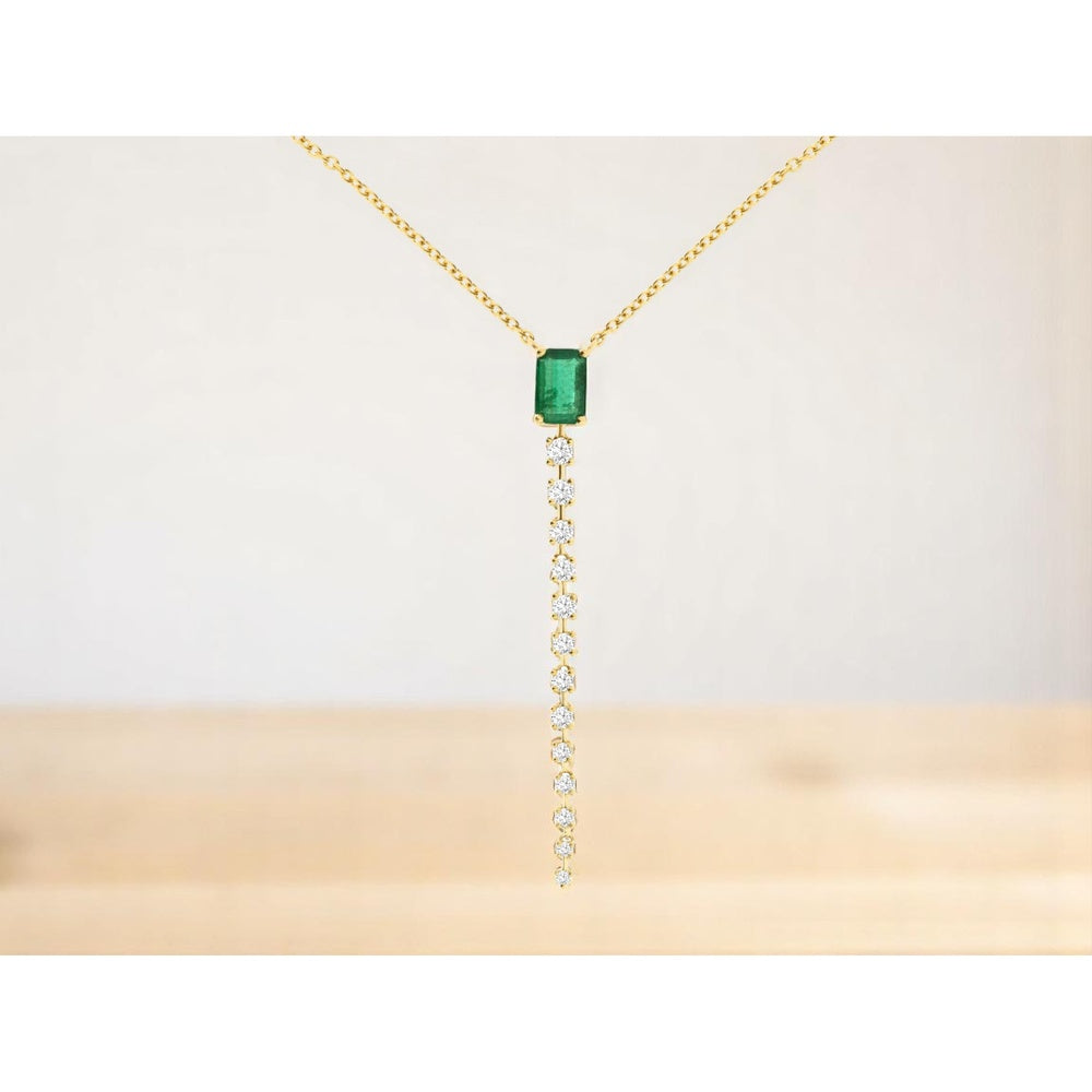 14K Yellow Gold Drop Necklace with Rectangular Emerald and Round Diamond Accents - 0.55 Carat Emerald and 0.27 Carat Diamond Total Weight - Royal Jewelry