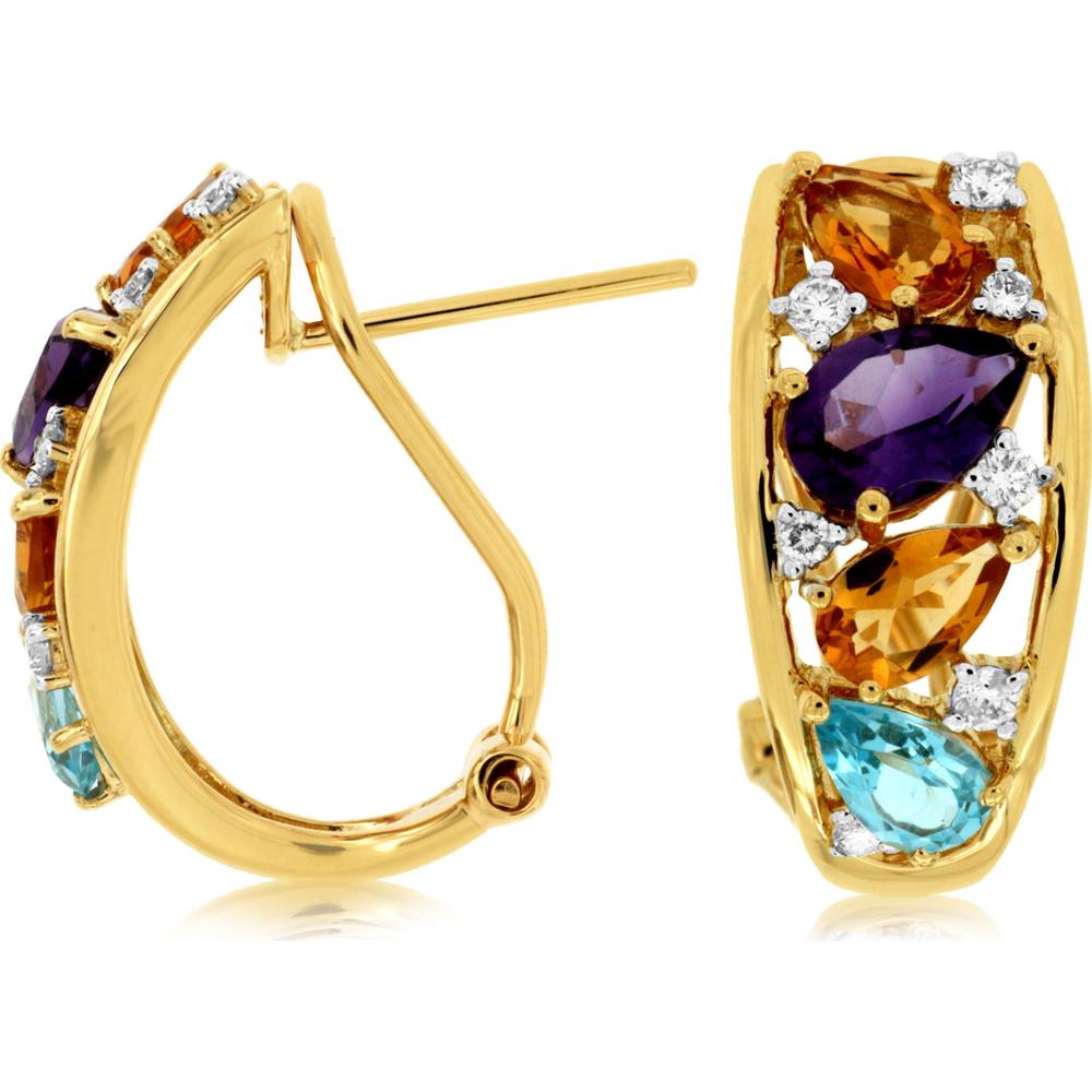 14K Yellow Gold Earrings with Pear-Shaped Amethyst, Citrine, Turquoise, and Diamond Accents - 1.96 Carats Total Gemstone Weight